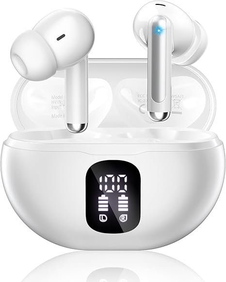 Wireless Earbuds, Bluetooth 5.4 Ear Buds Bass Stereo, Headphones with Noise Cancelling Mic, LED Display in Ear Earphones Clear Calls, IP7 Waterproof Bluetooth Earbuds for Phone/Android/iPad, White