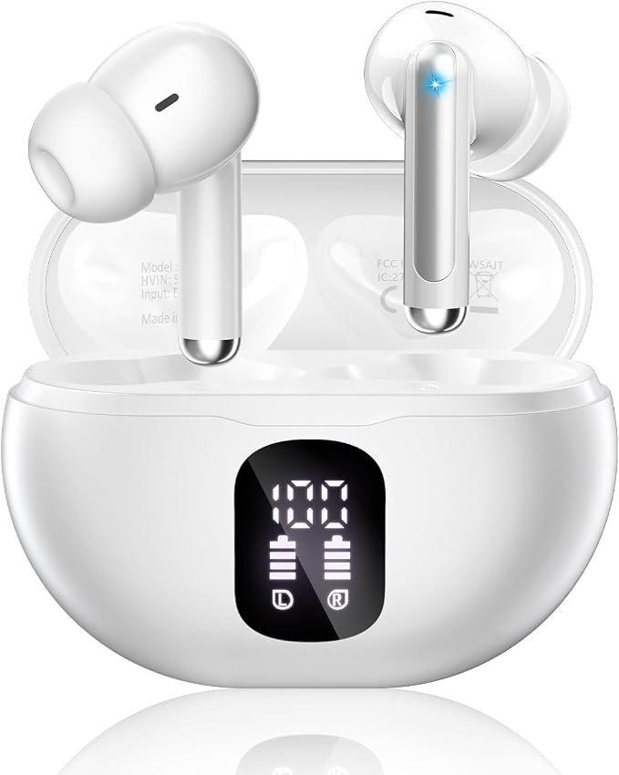 Wireless Earbuds, Bluetooth 5.4 Ear Buds Bass Stereo, Headphones with Noise Cancelling Mic, LED Display in Ear Earphones Clear Calls, IP7 Waterproof Bluetooth Earbuds for Phone/Android/iPad, White