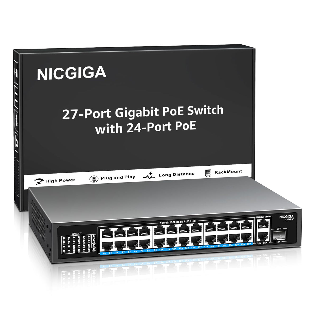 NICGIGA 24-Port Gigabit PoE Switch with 24 PoE+@300W, 2 Gigabit Uplink Ports, 1 SFP, Sturdy Metal for Desktop/Rack Mount, Plug and Play, Unmanaged Power Over Ethernet Switch