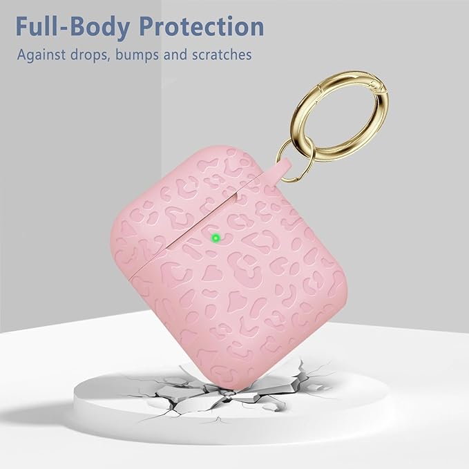 Compatible with Airpods Case Leopard Engraved Skin Cover Compatible with Airpods 2nd/1st Charging Case,Cute Soft Silicone Full Protective, Front LED Visible, Pink