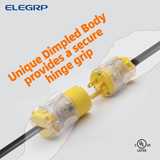 ELEGRP Lighted 15 Amp 125 Volt NEMA 5-15P 2 Pole 3 Wire Grounding Straight Blade Electrical Plug Replacement Cord Outlet Commercial Grade, Yellow, 2 Pack