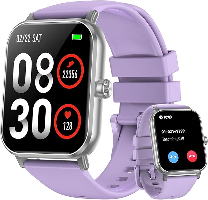 Smart Watch, 1.85" HD Fitness Tracker with Bluetooth Calls, 5 ATM Waterproof, 24/7 Heart Rate/Sleep Monitor, Pedometer, Calories, 130+ Sport Modes, Smartwatch for iOS Android (Purple)