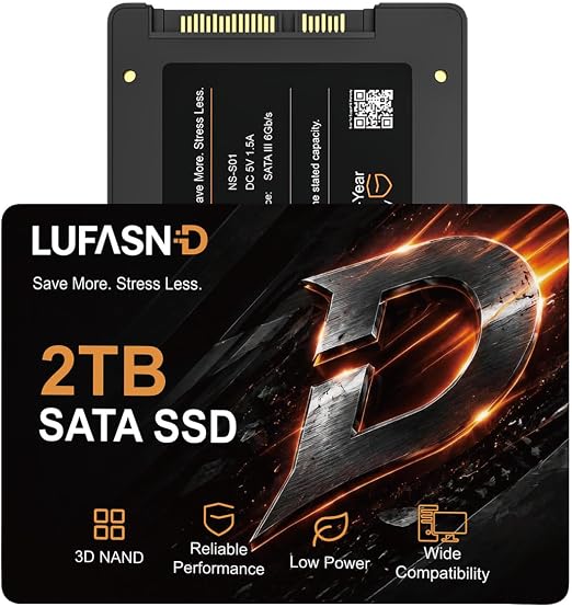 Internal 2TB SATA SSD, 2.5 Inch SSD SATA III 6Gb/s, Solid State Drive, Up to 520MB/s Read Speed, 3D NAND Flash, Compatible with Laptop & Desktop PC
