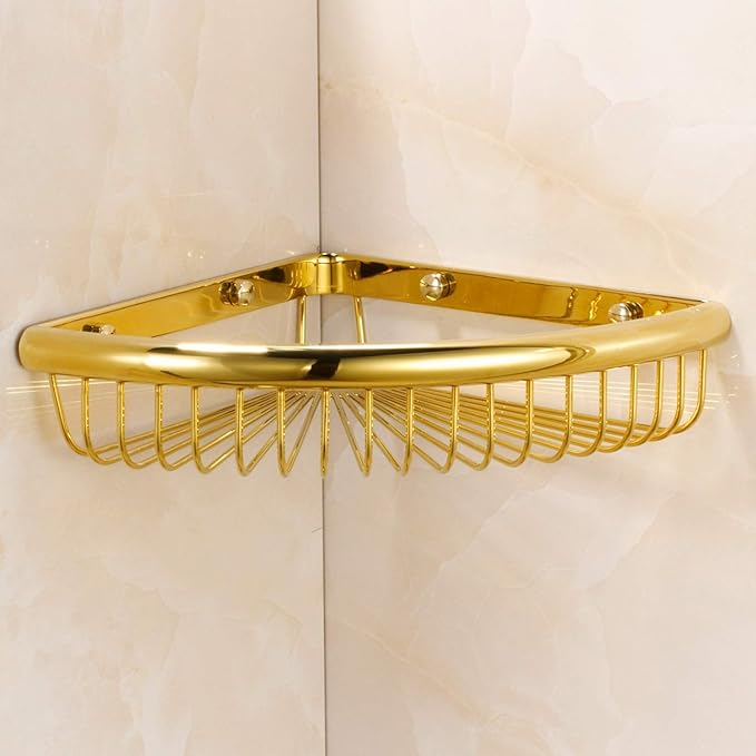 Shower Caddies Corner Shelf for Bathroom Brass Basket Organizers and Storage Shampoo Soap Holder Polished Gold
