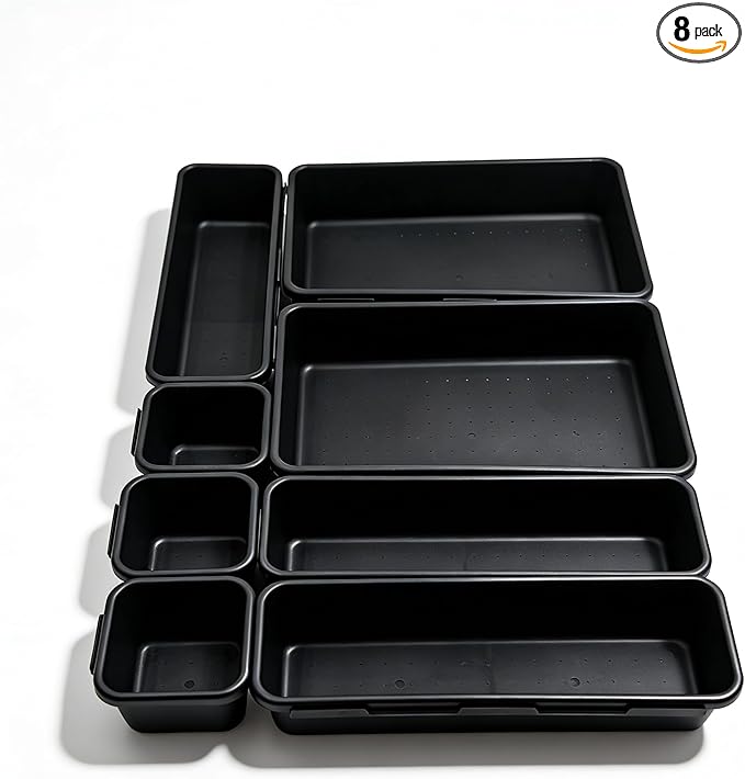 U-KIME Desktop Storage Box ,Tabletop Clutter Organizers For Cosmetics, Stationery, Kitchen Utensils, Office Supplies & Small Items(Black / 8-Piece set)
