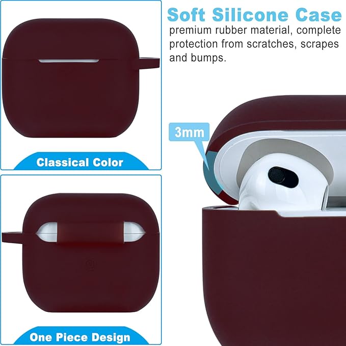 Silicone Compatible with AirPods 3 Case 2021, Gawnock Soft Case Compatible with AirPods 3rd Generation Cover for Women Girls with Keychain - Burgundy