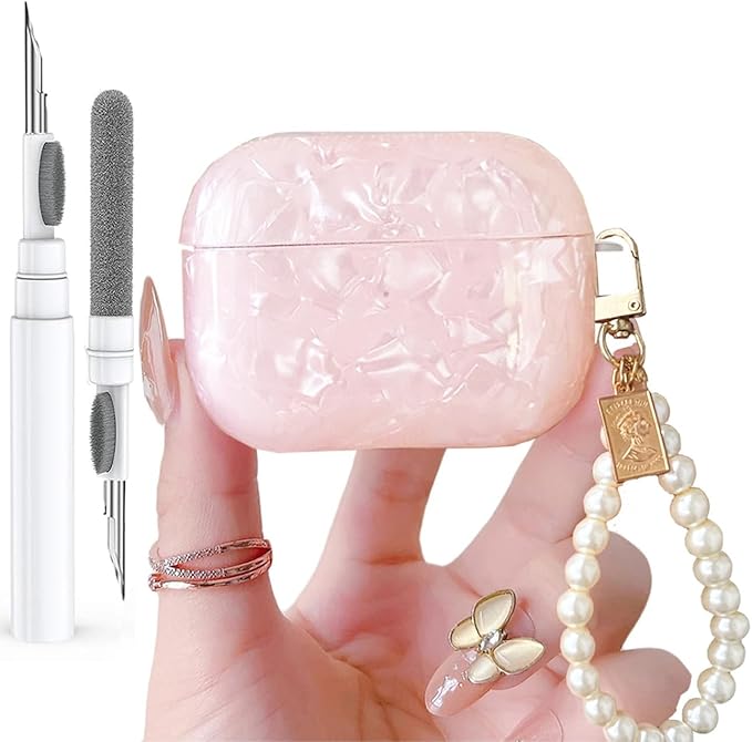 for Cute Glitter Airpods Pro 2nd/1st Generation Case with Cleaner Pen, Shell Pattern Airpods iPod Pro 2 Gen Cover Protective Skin Girl Women with Luxury Pearl Keychain 2023/2022/2019 - Pink