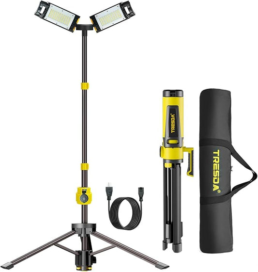 Dual-Head LED Work Light with Stand, 2025 Pro+ 12000LM Corded or Battery Rechargeable Telescopic Tripod Worklights, Portable Construction Flood Light for Job Site Workshop Garage ﻿
