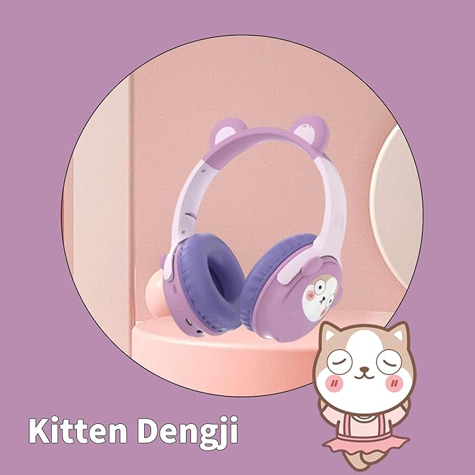 Kids Bluetooth Headphones， 85dB Safe Volume Limit, Stereo，Foldable Cute Up Cat Ear Children，Cartoon Animal Design,Ultra-Soft Over-Ear,Suitable for School & Travel (Purple)
