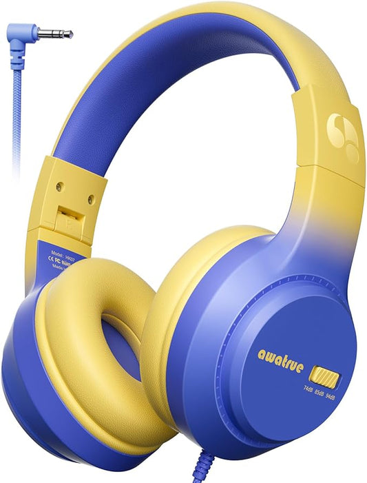 Kids Headphones, 74/85/94dB Volume Limiter, Foldable Wired Over Ear Headphones for Travel, 3.5mm Jack, Toddler Headphones for School, Chromebook, iPad, Tablet, Blue Yellow