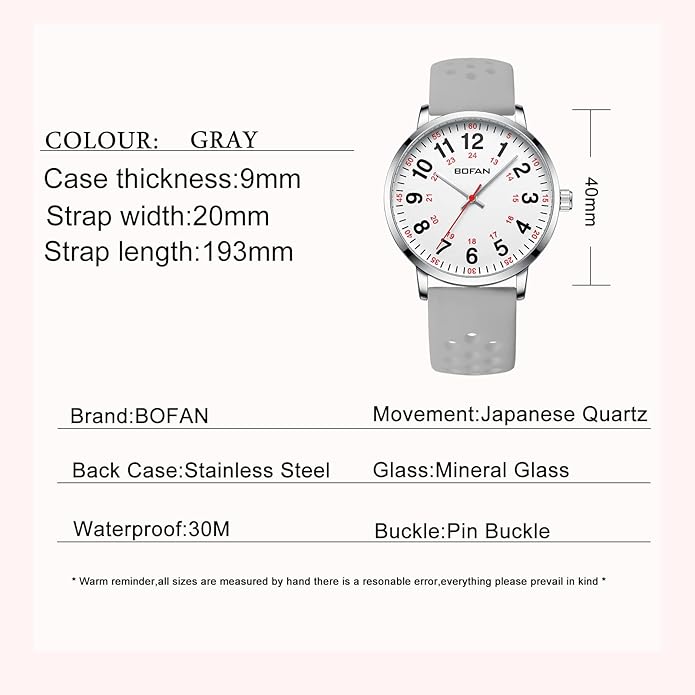 BOFAN Nurse Watch for Medical Professionals,Students,Doctors with Easy to Read Dial,Second Hand and 24 Hour,Soft and Breathable Silicone Band,Water Resistant