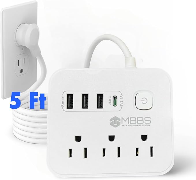 Surge Protector Power Strip with USB C, Heavy Duty Extension Cord – (7-in-1) 3 AC Outlets, 4 USB Ports, LED On/Off Switch – Compact & Travel Friendly – Home, Office. (5ft)