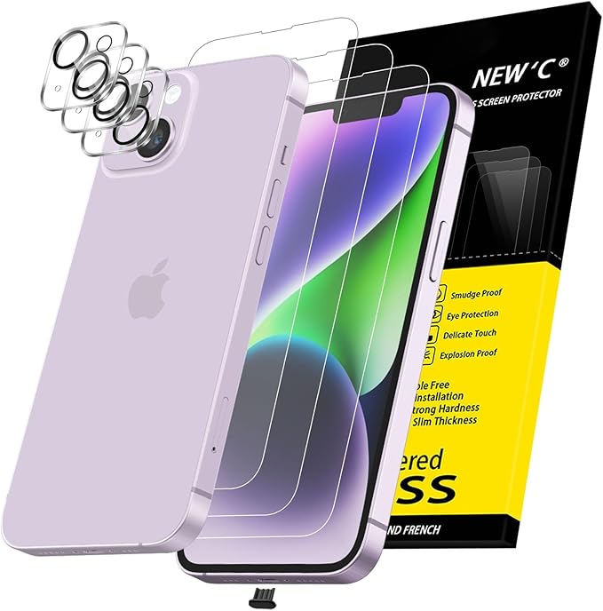 NEW'C 3x for iPhone 14 Screen Protector (6.1 inches)+ 3x Camera Lens Protector, Sensor Protection + Dust Plug - Case Friendly Tempered Glass Film, Ultra Resistant