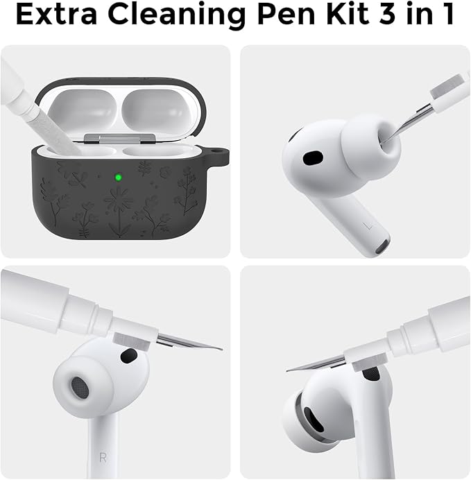 AhaStyle AirPods Pro 3 Case Cover (2025) Flower Engraved Cute Silicone AirPods Pro 3rd Generation Case Full Body Shockproof Cover Skin for Apple AirPods Pro 3rd Gen with Cleaning Kit for Women Girls