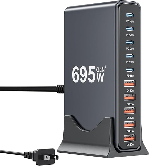 695W USB C Charger Block,10-Port USB C GaN Multiple Port Charging Station