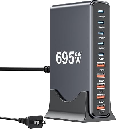 695W USB C Charger Block,10-Port USB C GaN Multiple Port Charging Station