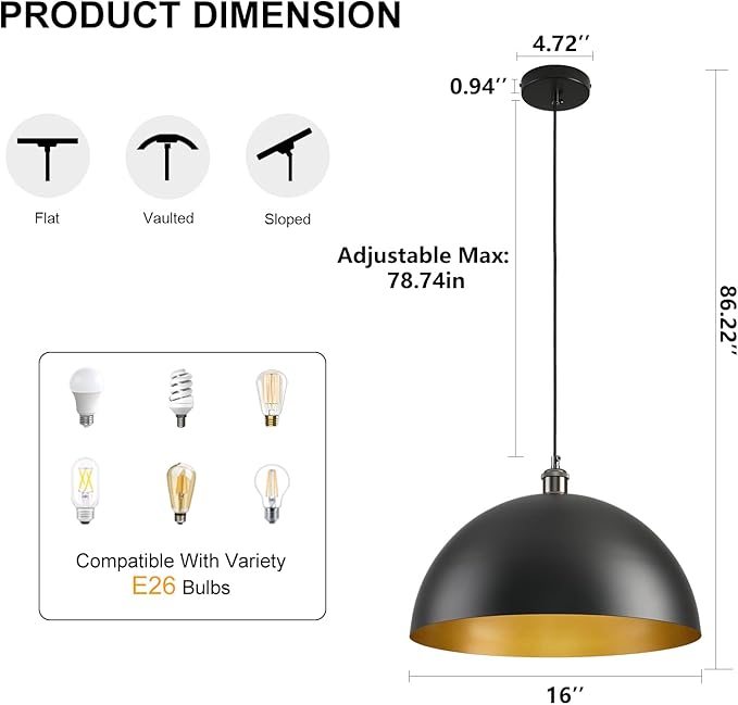 Black Pendant Light for Kitchen Island, 16 Inch Black and Gold Metal Dome Farmhouse Pendant Light Fixtures, Industrial Kitchen Pendant Lights Hanging Ceiling Light for Dining Room Foyer Cafe,2 Pack