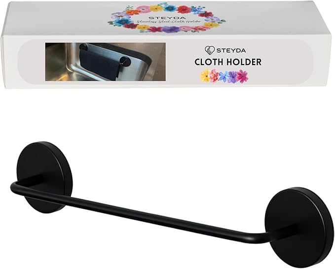 Black Steel Dish Cloth Rail for Kitchen, Towel Holder for All Types of Sinks and Flat Smooth Surfaces