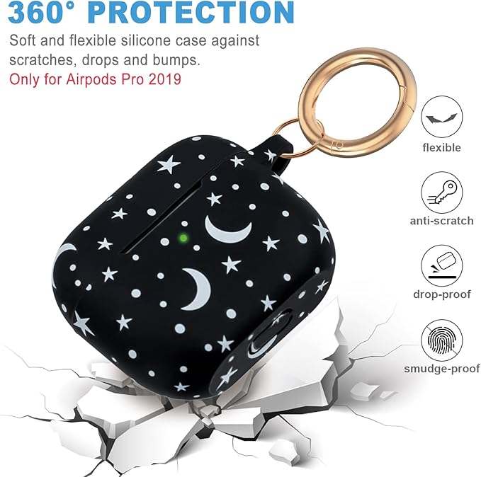 Moon Star Silicone Compatible with AirPods Pro Case 2019, Gawnock Soft Case Cover Flexible for Print Cover for Women Girls with Keychain - Moon/Star