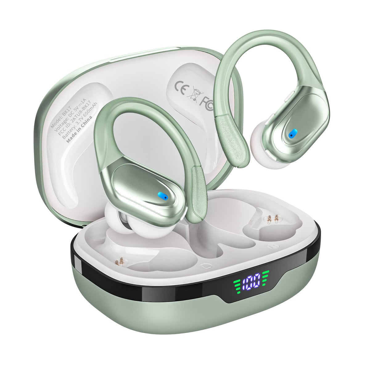 HAOYUYAN Wireless Earbuds, Sports Bluetooth Headphones, 80Hrs Playtime Ear Buds with LED Power Display, Noise Canceling Headset, IPX7 Waterproof Earphones for Workout/Running（Light Green）