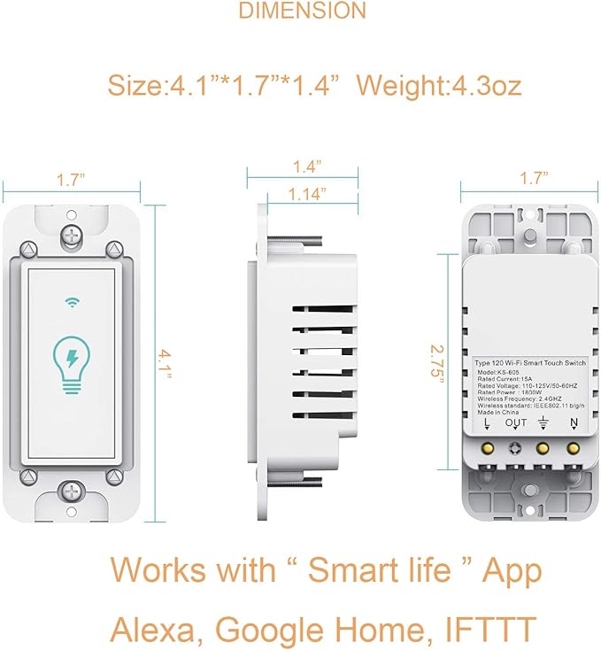 Micmi Smart Switch, WiFi Light Switch in-Wall Compatible with Amazon Alexa Google Home, Timing Function, Suit for 1/2/3/4 Gang Switch Box, Neutral Wire Required (1 Gang Smart Touch Switch 4pack)