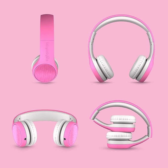 LilGadgets Connect+ Style On-Ear Kids Headphones with Microphone - SharePort Technology, SoftTouch Padding, Detachable Cable, Volume Limiting, Durable & Adjustable - Pink