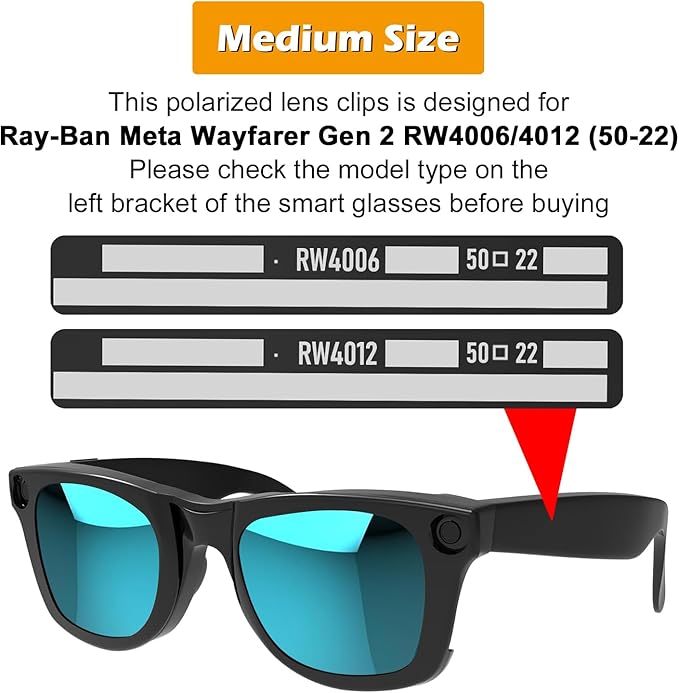 2Pcs Polarized Clip for Ray-Ban Meta Wayfarer & Gen 2 (RW4006/RW4012, M Size, 50-22), Discoloration Clip for Meta Wayfarer Gen 2 UV Protection, Smart Glasses Color Changing Clip Set (Black Gray+Blue)