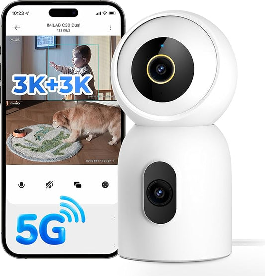 IMILAB C30 Dual Security Camera Indoor, 3K+3K Lens Pet/Baby Monitor Camera, 360° Home/Room Cam for Bedroom, Cry/Smoke/Fire/Person Alerts, App Control, Plug-in 5G WiFi Cam, Wall Mount, No Monthly Fee