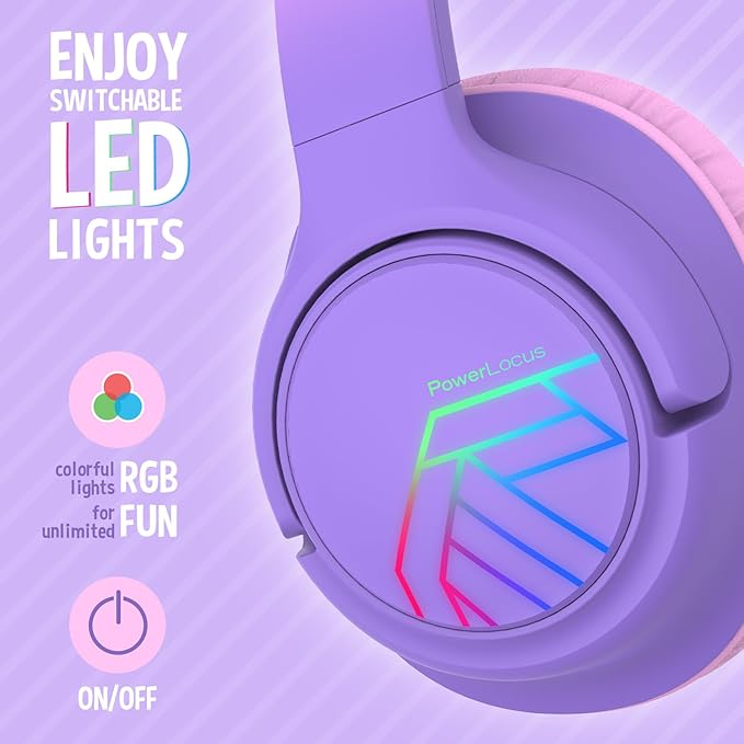 PowerLocus Kids Wireless Headphones, Bluetooth Kids Headphones LED Lights Over Ear with 74/85/94dB Volume Limited, 45H Playtime,Built-in Mic, Two Device Share Mode, HD Stereo for Travel/PC/Tablet