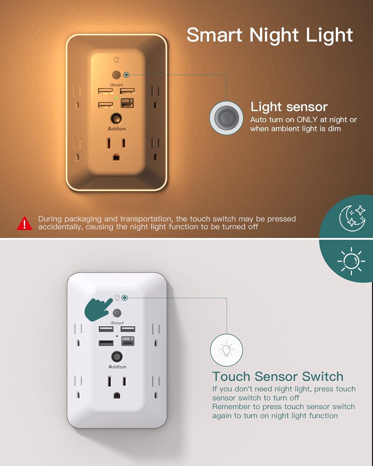 Surge Protector Outlet Extender with Night Light – 5 Outlets, 4 USB Ports (1 USB-C)