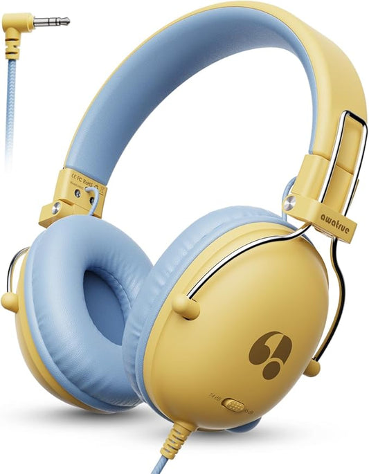 Kids Headphones, 74/85dB Safe Volume Limit, Stereo Sound, Wired On-Ear Headphones for Kids Boys Girls, 3.5mm Jack for Tablet, iPad, Kindle, YOTO Player, Airplane Travel, Yellow