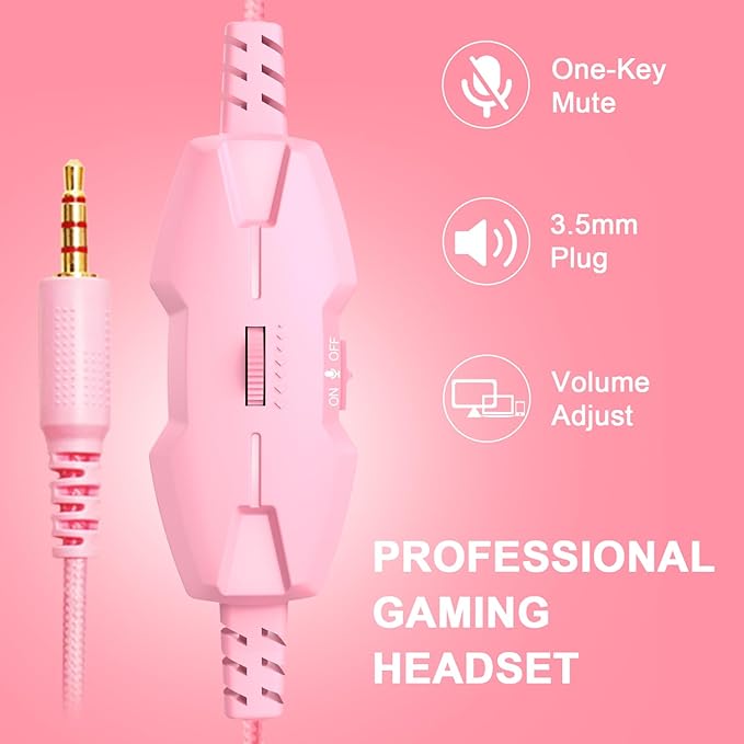 A88 Gaming Headset with Mic for Ps5, Pc, Xbox One Series X/s, Ps4, Switch, Stereo Wired Noise Cancelling Headphones with Microphone for Computer, Laptop, Mac, Nintendo, Games (Pink)