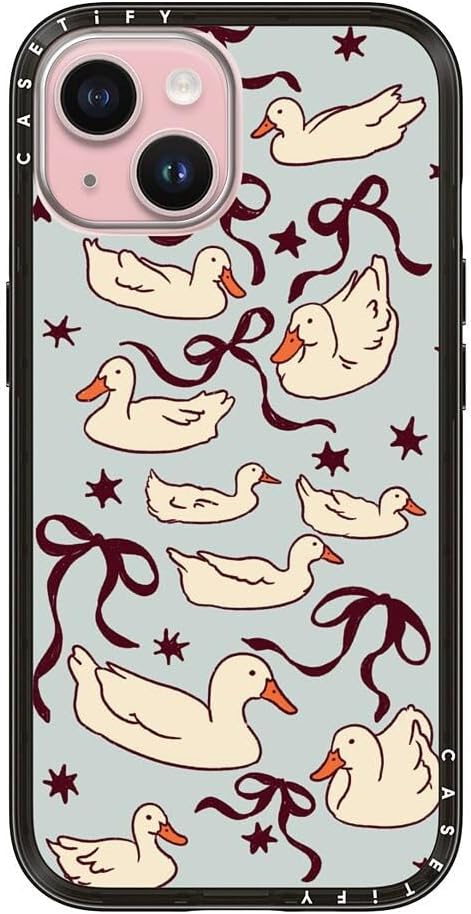 CASETiFY Compact iPhone 15 Case [Slim and Sleek/Compatible with Magsafe / 4 ft. 2X Military Grade Drop Protection] - Ducks and Bows - Clear Black