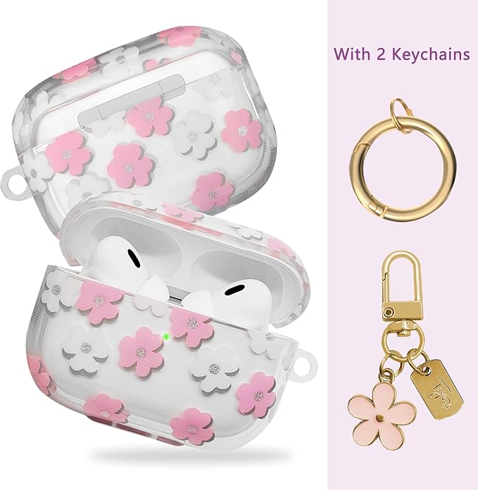 Compatible with AirPods Pro 2 Case Cover 2022, Soft TPU with Cute Flower Pattern for AirPods Pro 2nd/1st Generation Case with Flower Keychain and Carabiner for Girls Women (Pink)