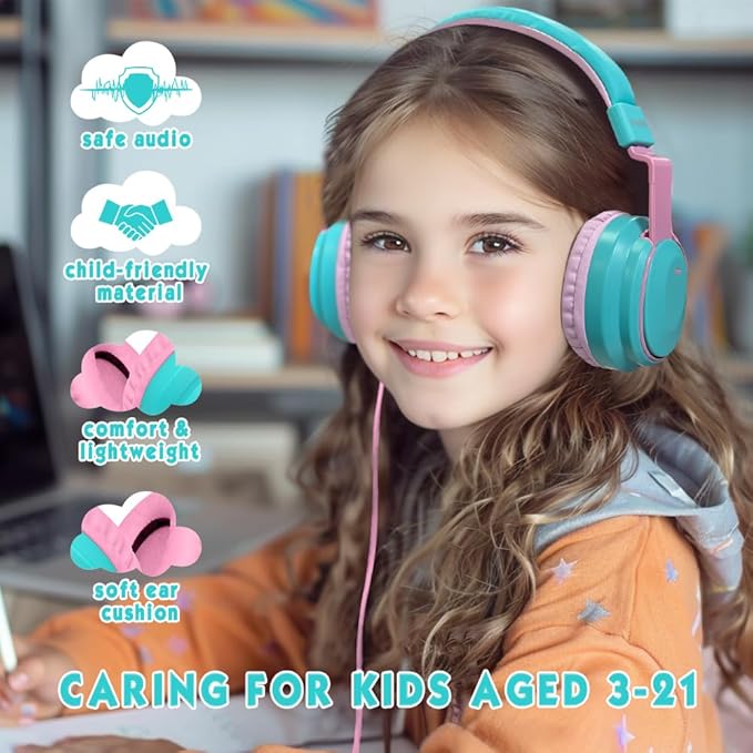Headphone Kids Volume Limited 85/94dB Wired Over-Ear/On-Earr Foldable Headset with Inline Cable Aux 3.5mm Cord Mic for Toddler Boy Girl Child Back to School Study Pad Tablet Cyan