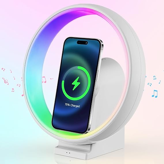 4-in-1 Atmosphere Table Lamp for Bedroom, 15W Wireless Charging Station,Bluetooth Speaker, Phone Stand, Ideal for Teenage Girls Boys Gifts