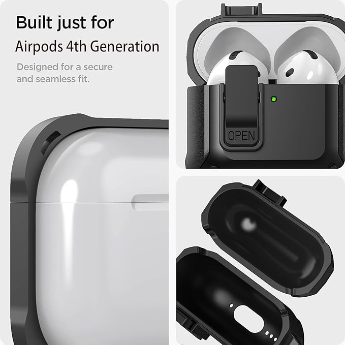 for Airpods 4 Case with Lock Clid, Rugged Apple Airpods 4th Generation Cover 2024 Men Women, Armor Shockproof iPod 4 Gen Protective Hard Shell with Carabiner&Cleaner kit, Black