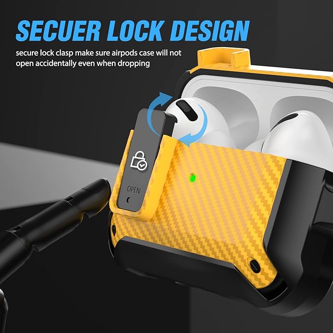 Valkit Compatible Airpods Pro Case with Lock Clip, Carbon Fiber Texture Air Pod Pro Case Cover with Keychain for Men Women Cool AirPod Pro Shockproof Protective Case for AirPods Pro 2019, Black/Yellow
