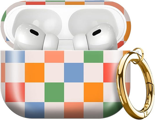 Compatible with AirPods Pro 3rd Generation 2025 Case Cover with Gold Keychain - Cute Protective Hard AirPod Pro 3 Cases for Women - Checkered Colorful