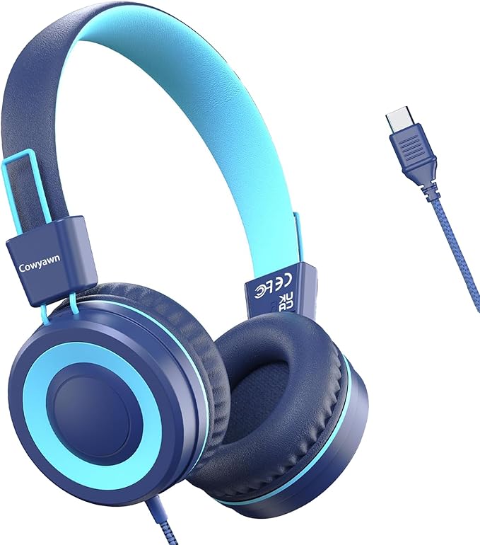 USB Type C Kids Headphones for School, Wired Toddler Headphones, 94dB Volume Limited, HD Stereo Sound, Foldable Lightweight On-Ear Wired Headphones for Kids/Children/Teens/Boys (Dark Blue)