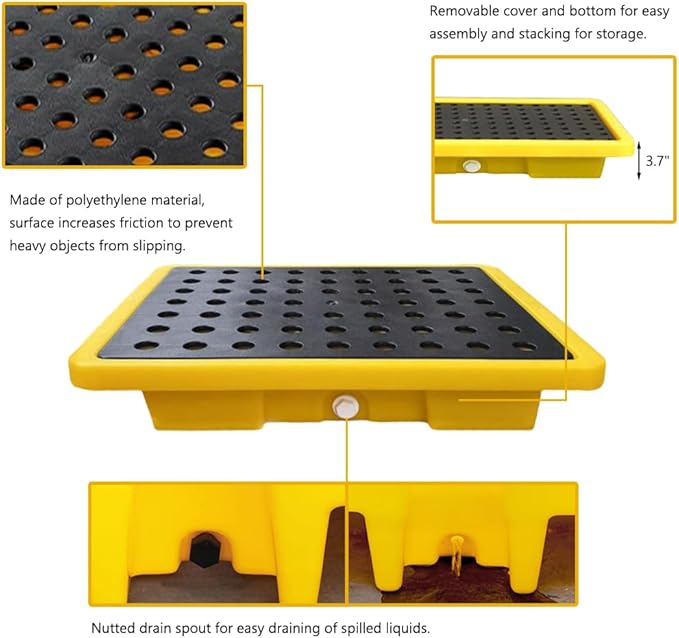 2.6 Gallons Oil Drum Spill Containment Tray, Modular Storage Polyethylen Palette with Drain 19.3"X14"X3.7", Detachable Leakproof Platform for Fill Station Garage