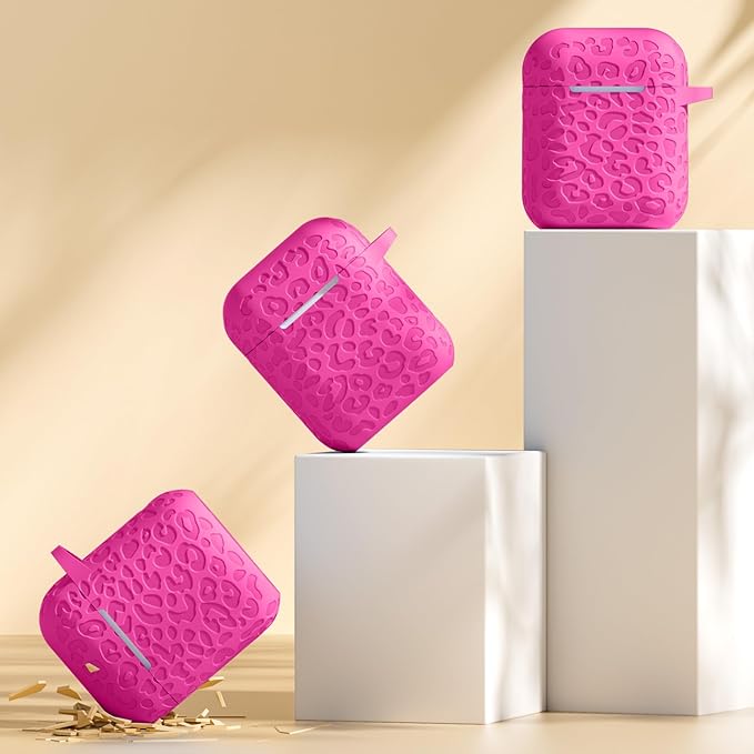 for Airpod Case & 2nd Generation Case Leropard Engraved Skin Cover Compatible with Apple AirPods 2nd/1st Charging Cute Soft Silicone Full Protective, Front LED Visible,Rose Pink