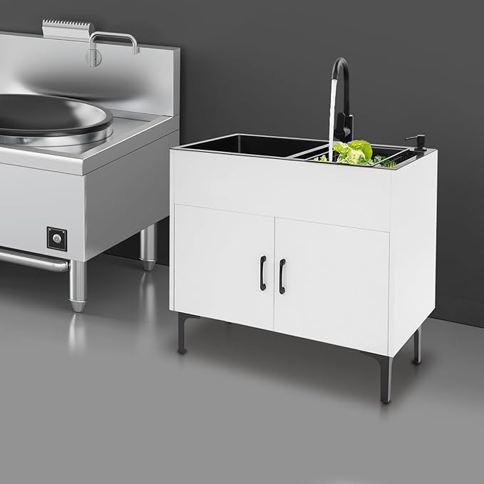 32-Inch Utility Sink Cabinet with 360° Swivel Hot/Cold Faucet, Laundry Sink with Cabinets and Stainless Steel Double Sinks, Freestanding Cabinet with Sink for Laundry&Utility Room, Kitchen, Bathroom