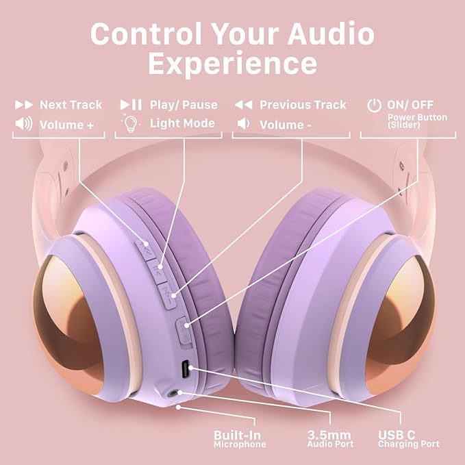 FosPower Kids Bluetooth 5.2 Headphones with LED Cat Ears (85/94dB Safe Volume Limit) Foldable Wireless or Wired Headset with 100hr Play Time and 3.5mm Cable for School/Travel - Light Pink/Light Purple