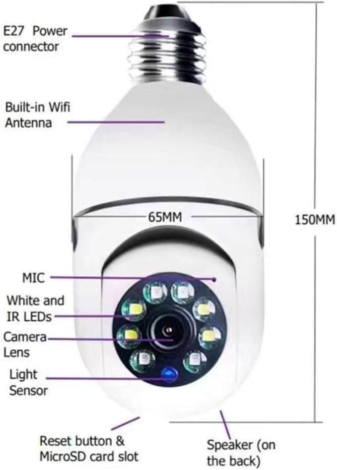 Secure Lite Cam Light Bulb Security Camera Outdoor/Indoor | Office, Garage, Home Security Wireless Camera 2.4GHz | 360° Panoramic View, Day and Night, Notifications, Two-Way Audio, Motion Tracking…
