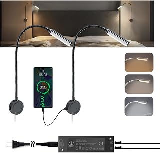 VST 2 Pack Black Wall Mounted Reading Light for Bed,Dorm, Flexible Gooseneck Bedside Headboard Book Light, 36W Driver,ETL-Listed, Touch Dimmable 3 Color Temp (3000K/4000K/6000K), USB & Type-C Ports