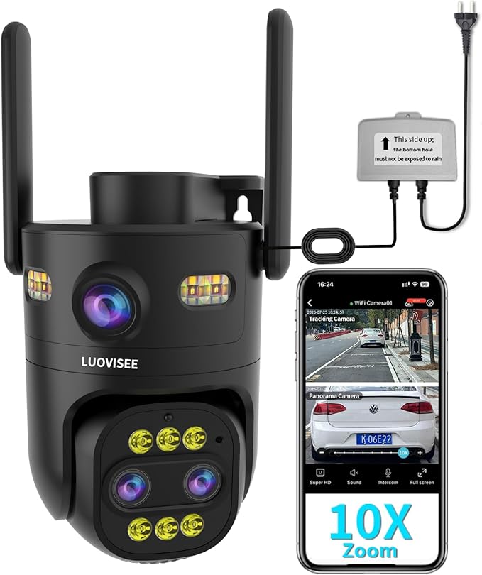 Triple-Lens Outdoor Security Camera Auto Zoom & Tracking,with 10X Hybrid Zoom,Wired 2.4G/5G WiFi Camera for Home Security,24/7 Continuous Recording,Plug-in Power,Work With NVR/DVR Surveillance System