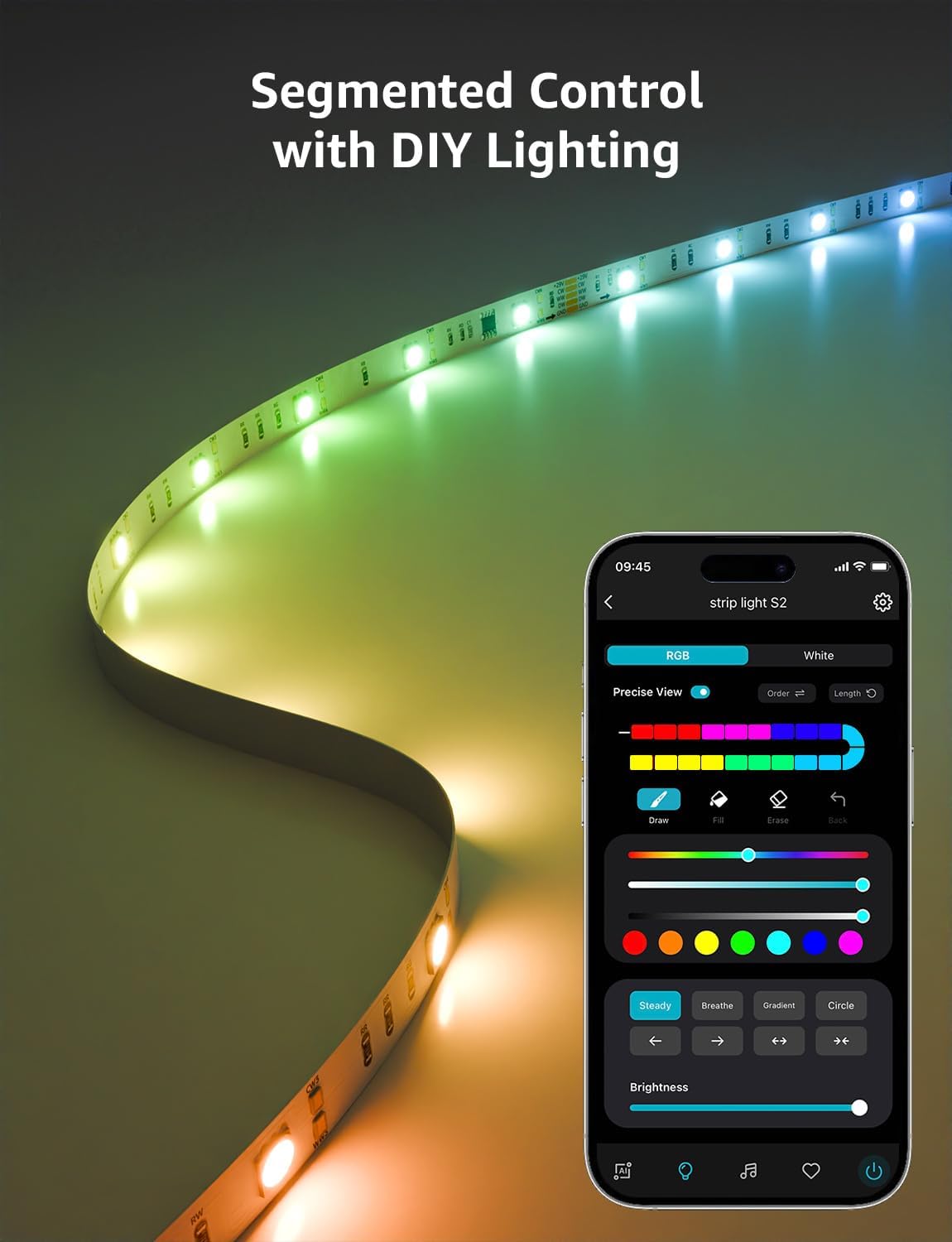 AI Smart LED Strip Lights 16.4ft RGBCW WiFi and Bluetooth App Control Color Segment DIY Personalized Lighting