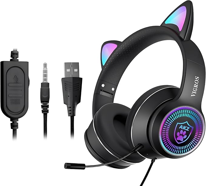 Cat Ear Gaming Headphones Wired AUX 3.5mm with LED Light, VIGROS Flashing Stereo Game Headphones Surround Sound Over-Ear Headsets with Microphone Fit Kids & Adult for PC, PS4, Switch, Mobile, Laptop