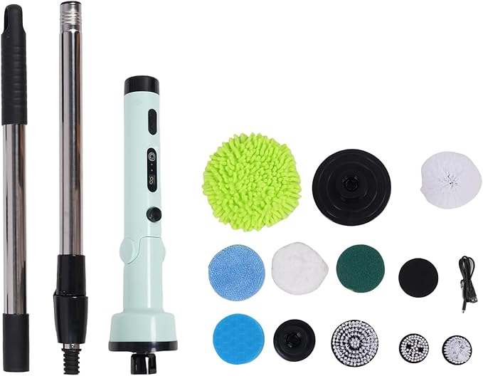 YUYTE Electric Spin Scrubber,Cordless Cleaning Brush with 9 Replaceable Heads,Adjustable Extension Handle, 90 Mins Long Lasting Power for Bathroom, Shower, Tub, Tile, Floor, Car (Green)